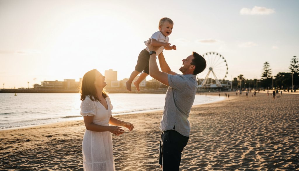 A heartwarming, candid photograph capturing a family's joyous laughter on Eastern Beach, Geelong, with the golden hour sun creating a dramatic flare, embodying unposed moments Geelong candid family photography at its best. The parents are playfully swinging their child, faces full of genuine happiness against the stunning coastal backdrop.