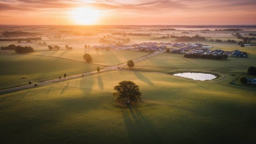 A stunning aerial view of the Clyde, Victoria countryside at sunrise, featuring lush green fields, a winding river, and distant suburban homes, artistically captured through professional drone photography, embodying the beauty of Unveiling Clyde Victoria's Beauty with Drone Photography.