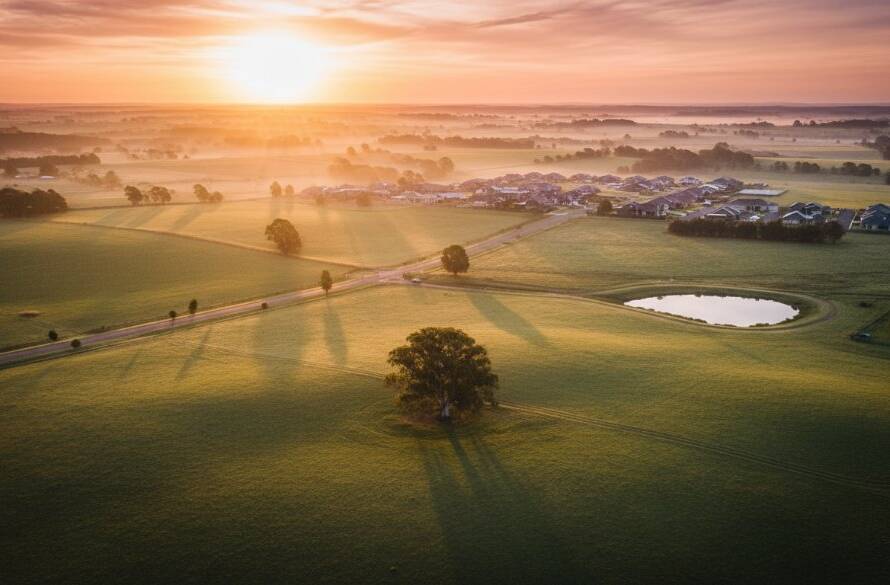 A stunning aerial view of the Clyde, Victoria countryside at sunrise, featuring lush green fields, a winding river, and distant suburban homes, artistically captured through professional drone photography, embodying the beauty of Unveiling Clyde Victoria's Beauty with Drone Photography.