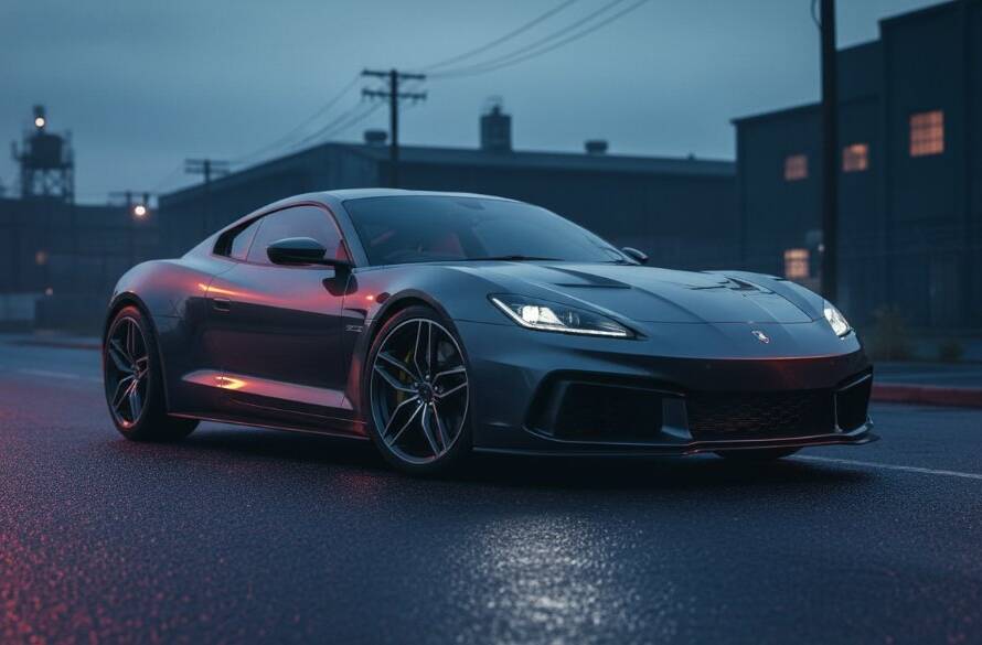 An epic, dramatically lit shot unveiling Frankston North's best automotive photoshoot spots, featuring a sleek sports car perfectly positioned against a gritty urban backdrop at dusk, showcasing its powerful lines and vibrant colour with professional studio-like precision.
