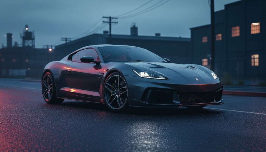 An epic, dramatically lit shot unveiling Frankston North's best automotive photoshoot spots, featuring a sleek sports car perfectly positioned against a gritty urban backdrop at dusk, showcasing its powerful lines and vibrant colour with professional studio-like precision.