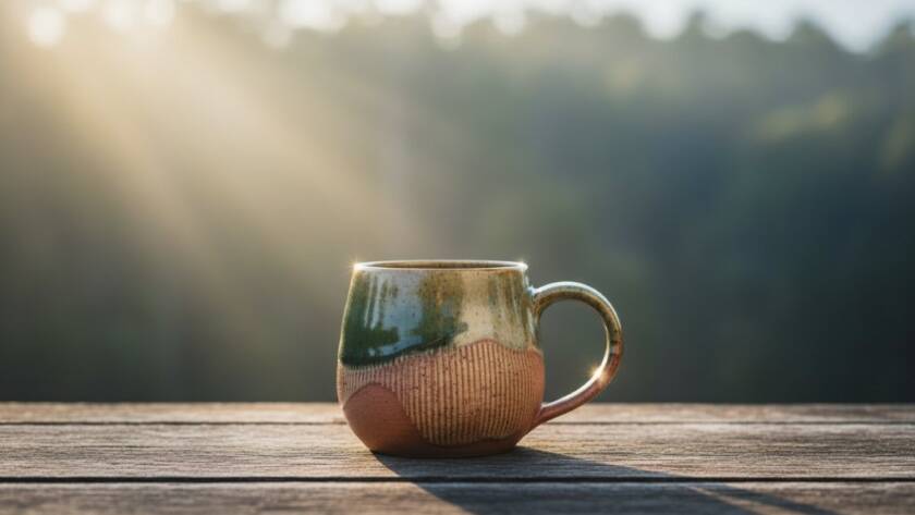 An epic moment capture of a meticulously arranged artisan pottery piece, showcasing the intricate details and texture, bathed in soft, ethereal natural light filtering through the gum trees of Upper Ferntree Gully, Victoria, for exceptional Upper Ferntree Gully bespoke product photography.