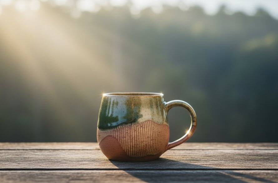 An epic moment capture of a meticulously arranged artisan pottery piece, showcasing the intricate details and texture, bathed in soft, ethereal natural light filtering through the gum trees of Upper Ferntree Gully, Victoria, for exceptional Upper Ferntree Gully bespoke product photography.