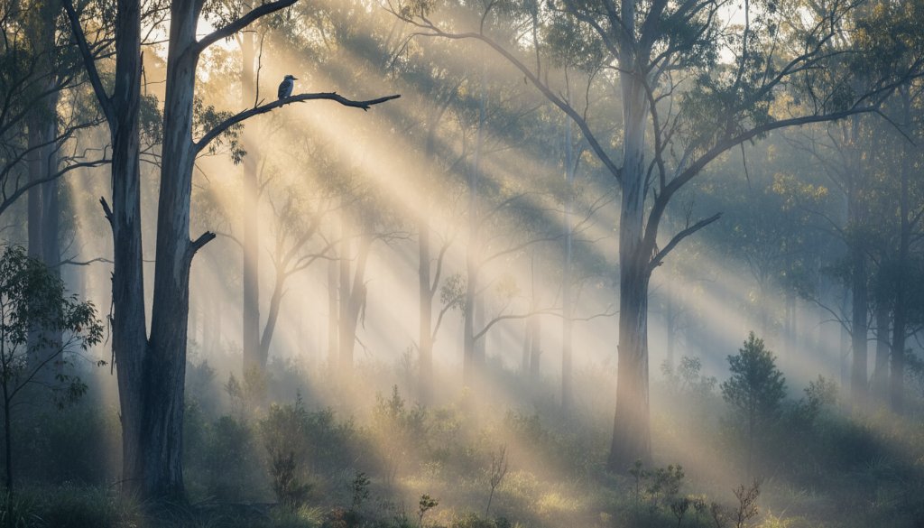 A breathtaking, epic moment of golden hour light bathing the lush, misty canopy of the Dandenong Ranges, captured in Upper Ferntree Gully Dandenongs fine art landscape photography, showcasing serenity and dramatic natural beauty.