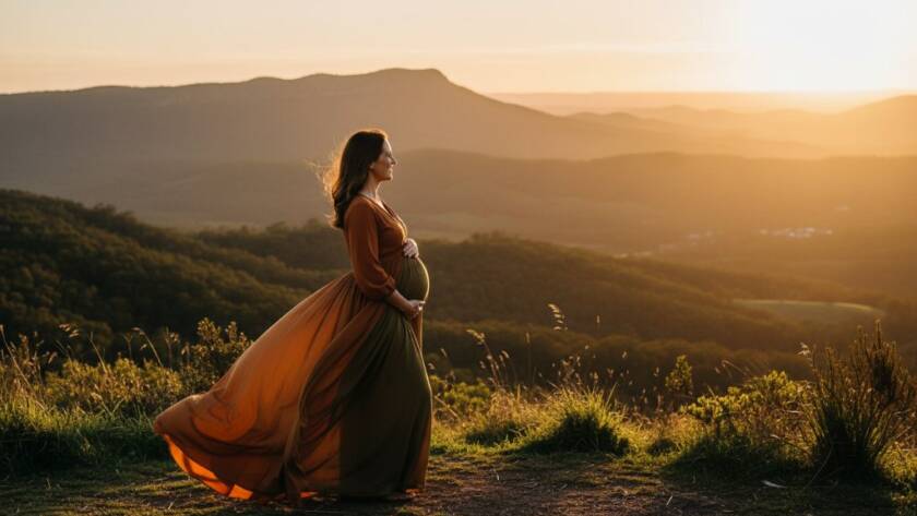 An ethereal 'epic moment' photograph featuring an expectant mother in a flowing gown, silhouetted against a dramatic sunset over the Dandenong Ranges during an Upper Ferntree Gully Dandenongs maternity photoshoot, capturing her serene beauty and the golden hour glow.