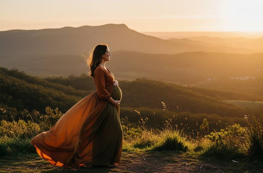 An ethereal 'epic moment' photograph featuring an expectant mother in a flowing gown, silhouetted against a dramatic sunset over the Dandenong Ranges during an Upper Ferntree Gully Dandenongs maternity photoshoot, capturing her serene beauty and the golden hour glow.