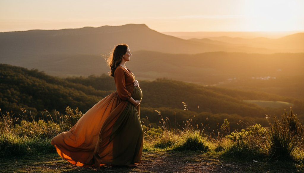 An ethereal 'epic moment' photograph featuring an expectant mother in a flowing gown, silhouetted against a dramatic sunset over the Dandenong Ranges during an Upper Ferntree Gully Dandenongs maternity photoshoot, capturing her serene beauty and the golden hour glow.
