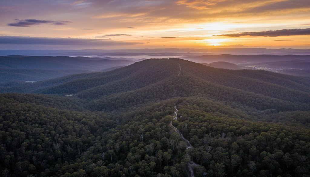 An epic moment captured by Upper Ferntree Gully drone photography, showcasing a vibrant sunset over the Dandenong Ranges with dense eucalyptus forest below and a distant view of the city skyline, professionally color-graded with dramatic lighting.
