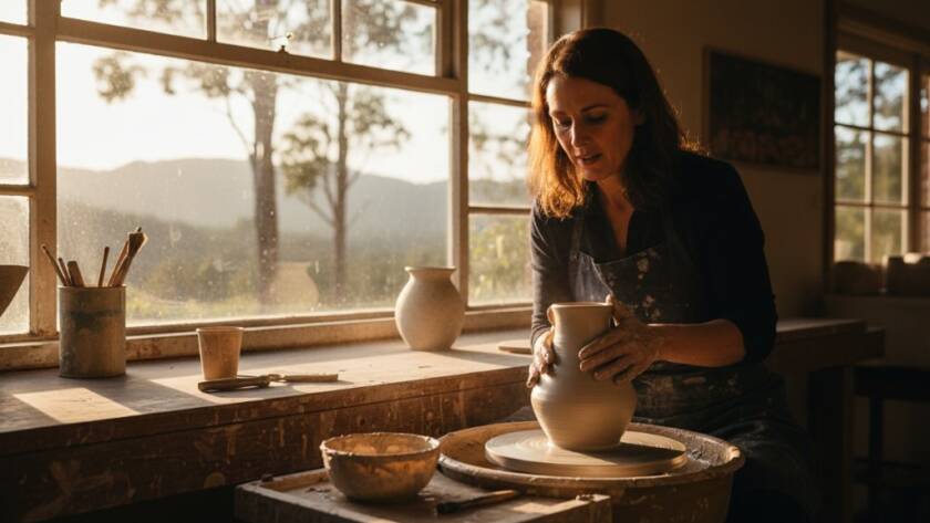 A professional photographer captures an epic moment of a local artisan in Upper Ferntree Gully, perfectly illustrating powerful Upper Ferntree Gully Editorial Photography for Storytelling with dramatic natural light filtering through gum trees, emphasizing craft and community.