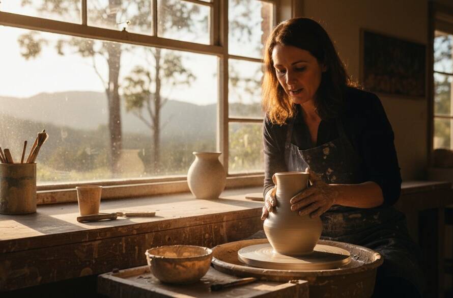 A professional photographer captures an epic moment of a local artisan in Upper Ferntree Gully, perfectly illustrating powerful Upper Ferntree Gully Editorial Photography for Storytelling with dramatic natural light filtering through gum trees, emphasizing craft and community.