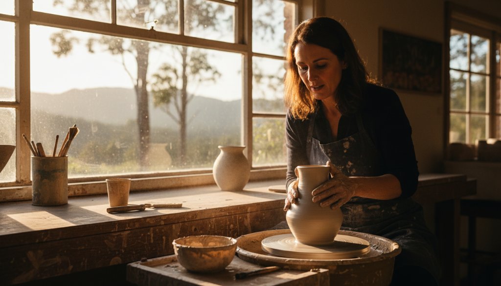 A professional photographer captures an epic moment of a local artisan in Upper Ferntree Gully, perfectly illustrating powerful Upper Ferntree Gully Editorial Photography for Storytelling with dramatic natural light filtering through gum trees, emphasizing craft and community.