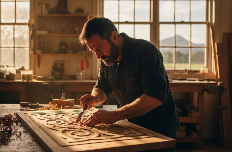 Dynamic editorial photography storytelling in Upper Ferntree Gully, capturing a local artisan passionately crafting pottery with dramatic light, showcasing the skill and dedication of local talent.