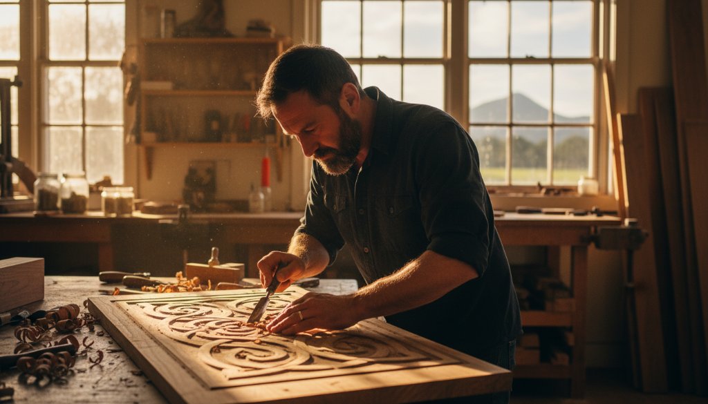 Dynamic editorial photography storytelling in Upper Ferntree Gully, capturing a local artisan passionately crafting pottery with dramatic light, showcasing the skill and dedication of local talent.