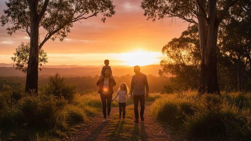 An epic moment of Upper Ferntree Gully family photography candid moments, a family silhouetted against a golden sunset at the 1000 Steps, laughing as a child reaches for a parent, evoking warmth and connection.