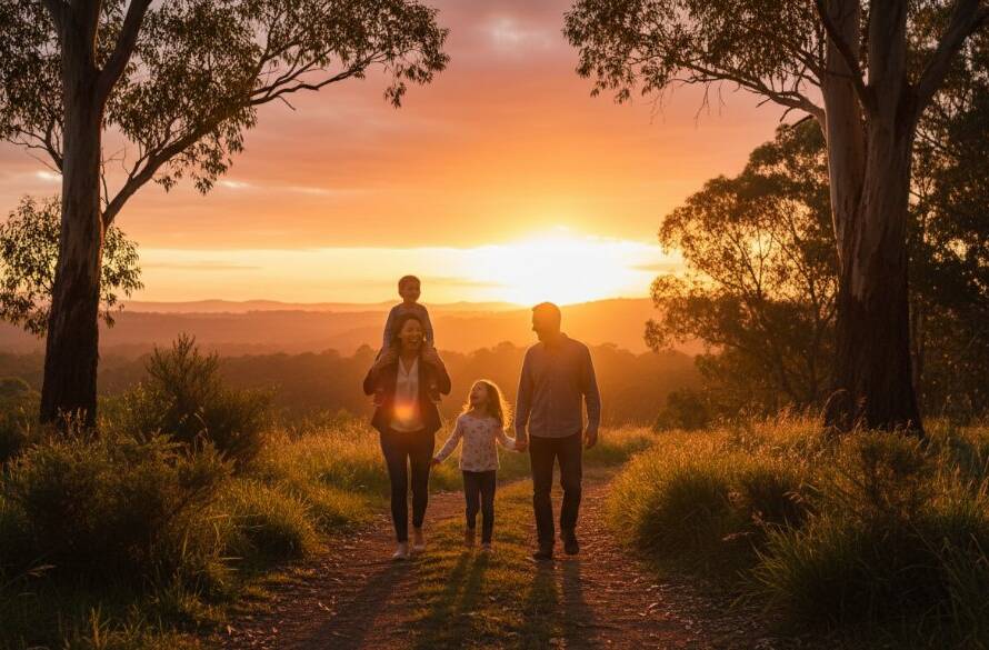 An epic moment of Upper Ferntree Gully family photography candid moments, a family silhouetted against a golden sunset at the 1000 Steps, laughing as a child reaches for a parent, evoking warmth and connection.