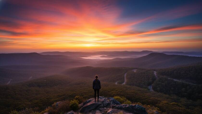 Dramatic golden hour light illuminates a sweeping vista of the Dandenong Ranges, capturing the essence of Upper Ferntree Gully fine art landscape photography with a lone figure admiring the view.