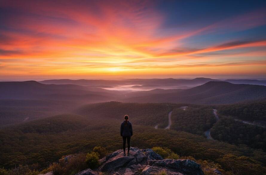 Dramatic golden hour light illuminates a sweeping vista of the Dandenong Ranges, capturing the essence of Upper Ferntree Gully fine art landscape photography with a lone figure admiring the view.