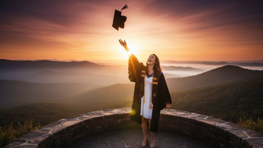 A joyous graduate, dressed in cap and gown, leaping into the air with their degree scroll held high, silhouetted against a golden sunset over the Dandenong Ranges in an Upper Ferntree Gully graduation photography Dandenong Ranges epic moment.