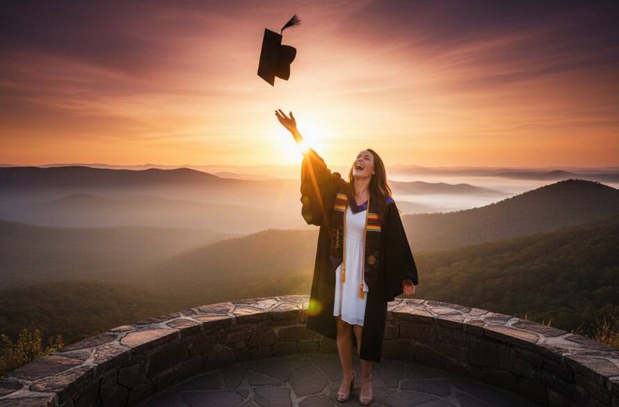 A joyous graduate, dressed in cap and gown, leaping into the air with their degree scroll held high, silhouetted against a golden sunset over the Dandenong Ranges in an Upper Ferntree Gully graduation photography Dandenong Ranges epic moment.