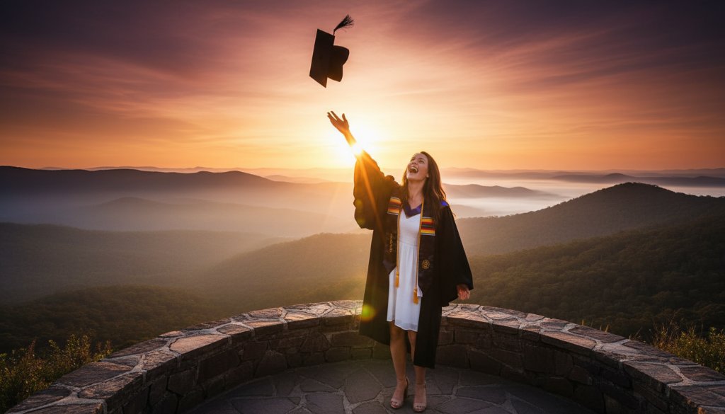 A joyous graduate, dressed in cap and gown, leaping into the air with their degree scroll held high, silhouetted against a golden sunset over the Dandenong Ranges in an Upper Ferntree Gully graduation photography Dandenong Ranges epic moment.