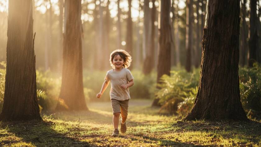 An epic moment of a child laughing joyfully while running through dappled sunlight in a lush forest clearing, capturing Upper Ferntree Gully kids photography adventures with dynamic, professional lighting and rich colour grading.