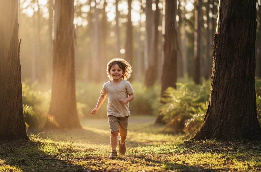 An epic moment of a child laughing joyfully while running through dappled sunlight in a lush forest clearing, capturing Upper Ferntree Gully kids photography adventures with dynamic, professional lighting and rich colour grading.