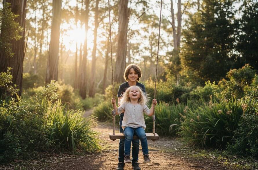 An 'epic moment' photo of two children laughing candidly in a sun-dappled Upper Ferntree Gully park, professionally colour-graded to highlight their pure joy and genuine connection. Ideal for Upper Ferntree Gully kids photography genuine moments.
