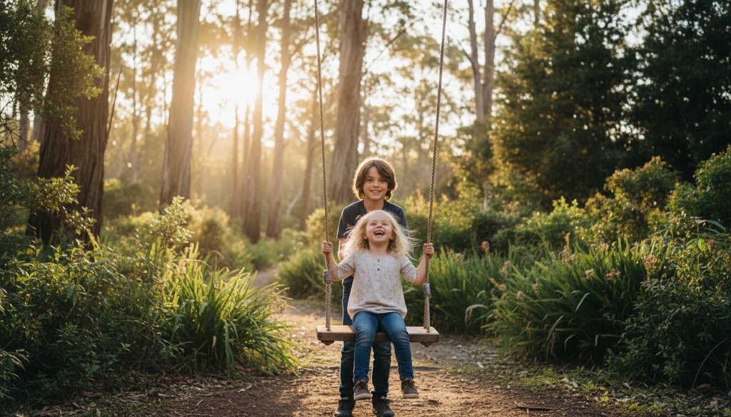 An 'epic moment' photo of two children laughing candidly in a sun-dappled Upper Ferntree Gully park, professionally colour-graded to highlight their pure joy and genuine connection. Ideal for Upper Ferntree Gully kids photography genuine moments.