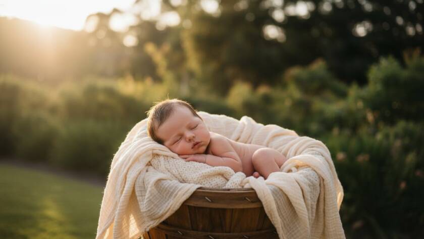 An epic moment captured: a serene newborn baby sleeping peacefully in a rustic basket, bathed in dramatic golden light from a window overlooking the Dandenong Ranges in Upper Ferntree Gully, beautifully illustrating Upper Ferntree Gully newborn photography capturing precious family moments.