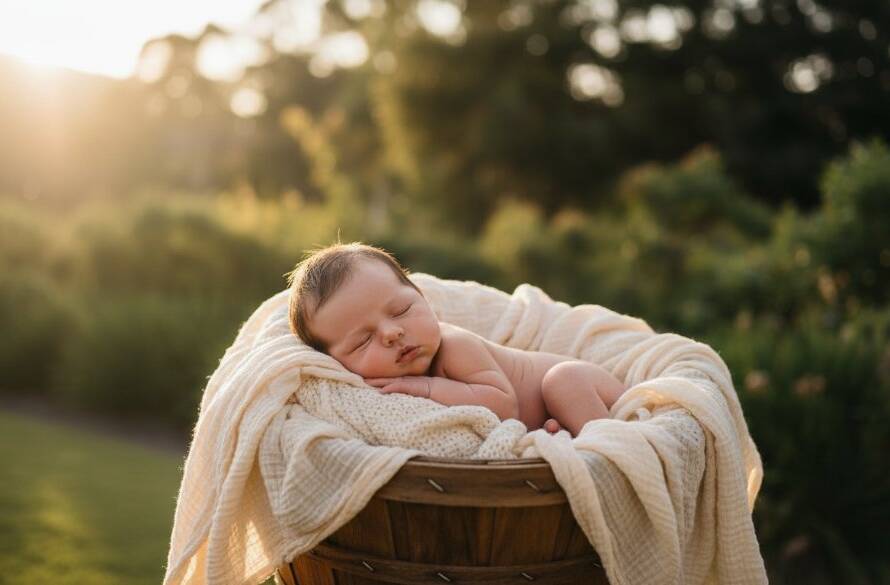 An epic moment captured: a serene newborn baby sleeping peacefully in a rustic basket, bathed in dramatic golden light from a window overlooking the Dandenong Ranges in Upper Ferntree Gully, beautifully illustrating Upper Ferntree Gully newborn photography capturing precious family moments.