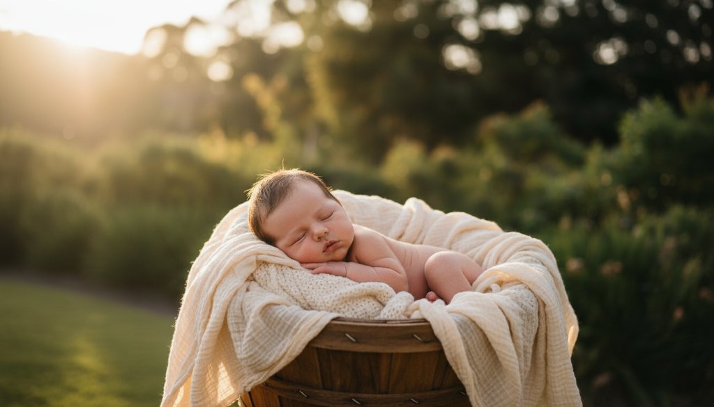 An epic moment captured: a serene newborn baby sleeping peacefully in a rustic basket, bathed in dramatic golden light from a window overlooking the Dandenong Ranges in Upper Ferntree Gully, beautifully illustrating Upper Ferntree Gully newborn photography capturing precious family moments.
