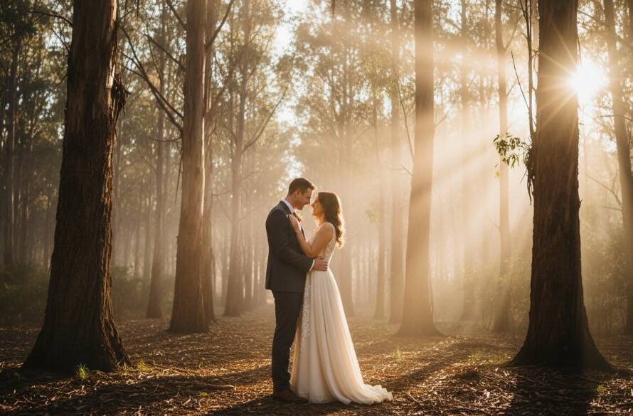 A professional, colour-graded cinematic photograph capturing an intimate, joyous embrace between a couple at sunset amidst the lush, misty landscape of Upper Ferntree Gully, showcasing the true Upper Ferntree Gully Pre-Wedding Photography Magic, with dramatic golden hour light filtering through tall eucalyptus trees and soft lens flare.