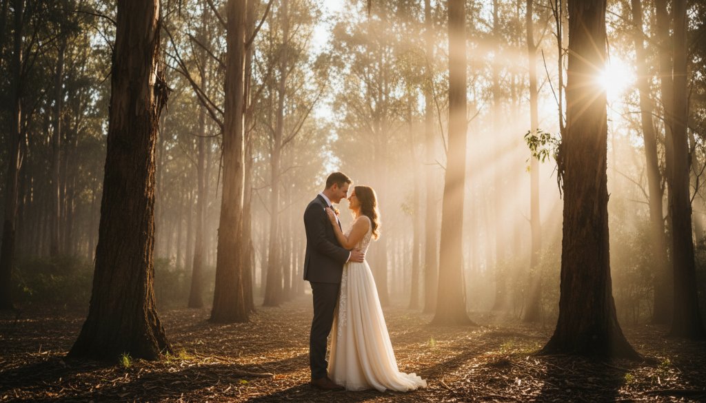 A professional, colour-graded cinematic photograph capturing an intimate, joyous embrace between a couple at sunset amidst the lush, misty landscape of Upper Ferntree Gully, showcasing the true Upper Ferntree Gully Pre-Wedding Photography Magic, with dramatic golden hour light filtering through tall eucalyptus trees and soft lens flare.