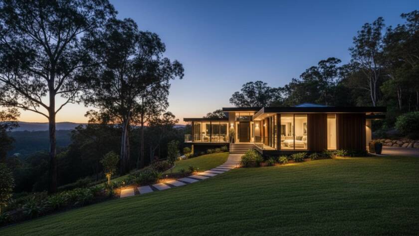 An aerial wide-angle shot showcasing a modern, luxurious home in Upper Ferntree Gully, Victoria, beautifully illuminated at twilight with vibrant interior lights, capturing its elegant architecture and serene garden as an example of premium real estate photography.