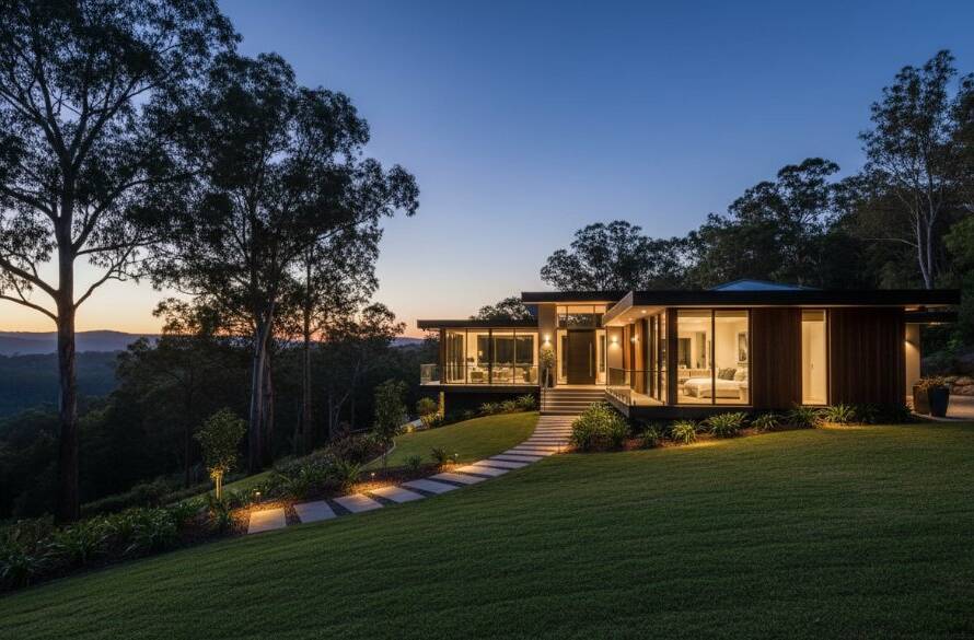 An aerial wide-angle shot showcasing a modern, luxurious home in Upper Ferntree Gully, Victoria, beautifully illuminated at twilight with vibrant interior lights, capturing its elegant architecture and serene garden as an example of premium real estate photography.