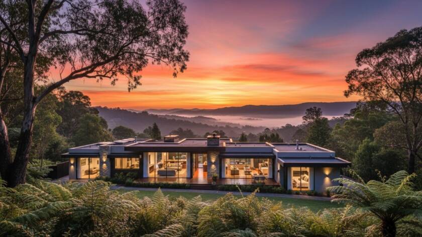 An aerial wide shot of a stunning, modern home nestled among the lush green landscape of Upper Ferntree Gully at sunrise, expertly lit to highlight its architectural features, perfect for Upper Ferntree Gully real estate photography for stunning property sales.