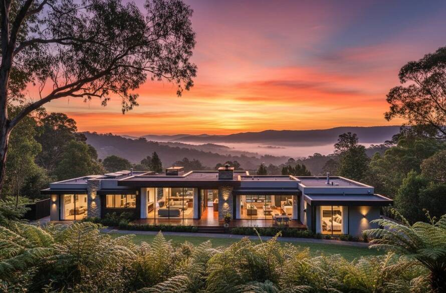 An aerial wide shot of a stunning, modern home nestled among the lush green landscape of Upper Ferntree Gully at sunrise, expertly lit to highlight its architectural features, perfect for Upper Ferntree Gully real estate photography for stunning property sales.