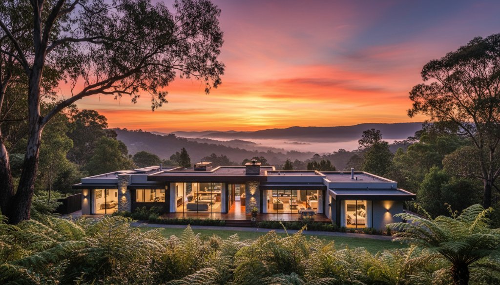 An aerial wide shot of a stunning, modern home nestled among the lush green landscape of Upper Ferntree Gully at sunrise, expertly lit to highlight its architectural features, perfect for Upper Ferntree Gully real estate photography for stunning property sales.