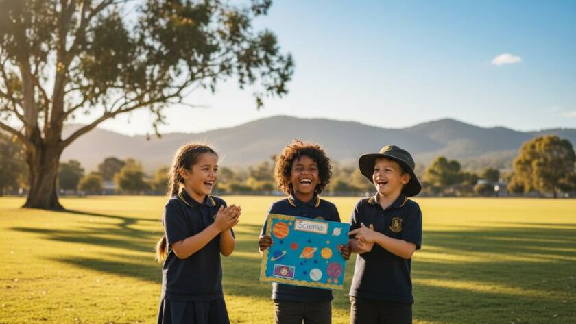 A professional, cinematic photograph capturing an Upper Ferntree Gully school photography creative portraits moment: a beaming primary school student, caught mid-laugh with friends, bathed in warm, golden afternoon light under a mature gum tree near the Dandenong Ranges, showcasing genuine joy and connection.