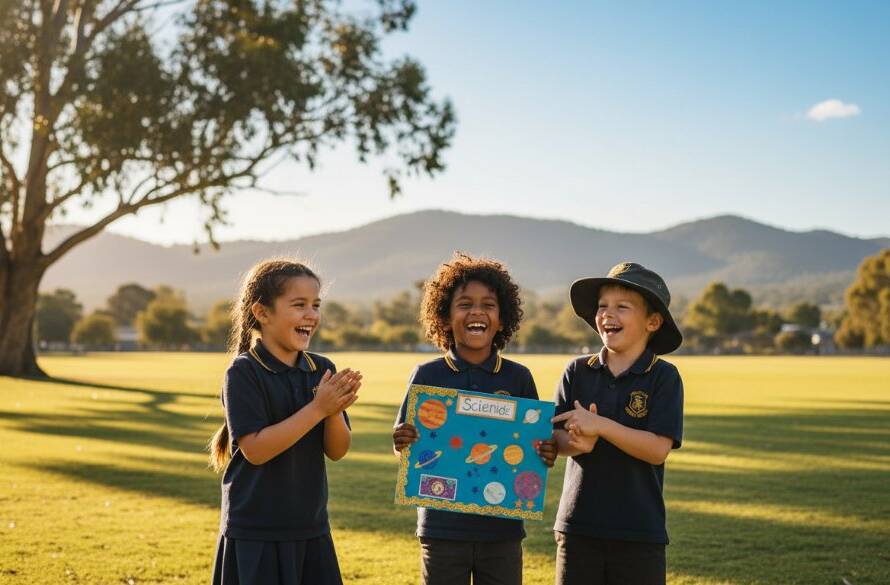 A professional, cinematic photograph capturing an Upper Ferntree Gully school photography creative portraits moment: a beaming primary school student, caught mid-laugh with friends, bathed in warm, golden afternoon light under a mature gum tree near the Dandenong Ranges, showcasing genuine joy and connection.