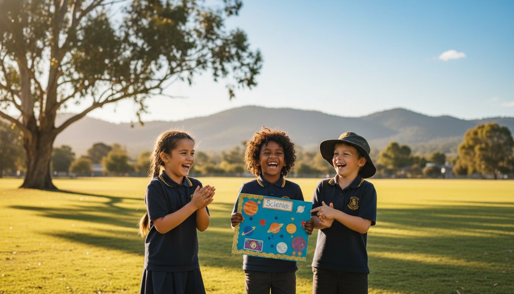 A professional, cinematic photograph capturing an Upper Ferntree Gully school photography creative portraits moment: a beaming primary school student, caught mid-laugh with friends, bathed in warm, golden afternoon light under a mature gum tree near the Dandenong Ranges, showcasing genuine joy and connection.