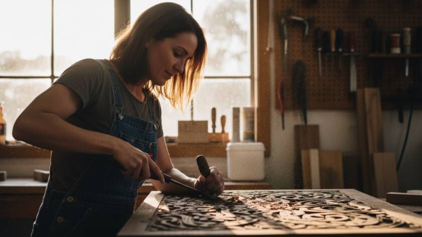 An epic moment captured in Upper Ferntree Gully small business branding photography, showing a local artisan passionately hand-carving indigenous timber, with dramatic backlighting highlighting the focused expression and intricate details, embodying brand dedication.