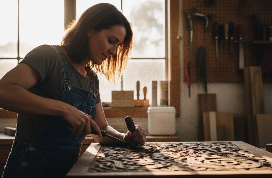 An epic moment captured in Upper Ferntree Gully small business branding photography, showing a local artisan passionately hand-carving indigenous timber, with dramatic backlighting highlighting the focused expression and intricate details, embodying brand dedication.
