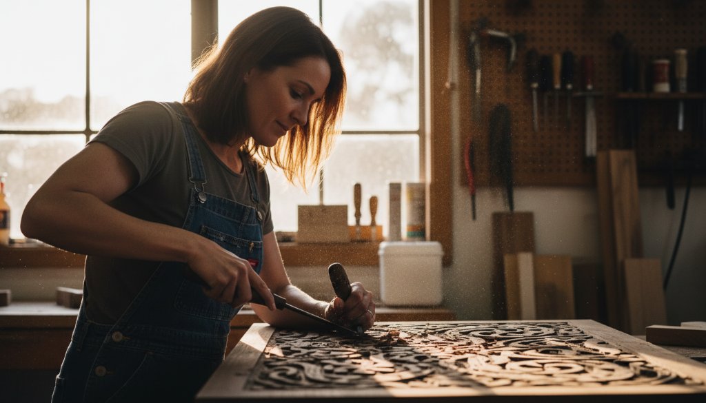 An epic moment captured in Upper Ferntree Gully small business branding photography, showing a local artisan passionately hand-carving indigenous timber, with dramatic backlighting highlighting the focused expression and intricate details, embodying brand dedication.