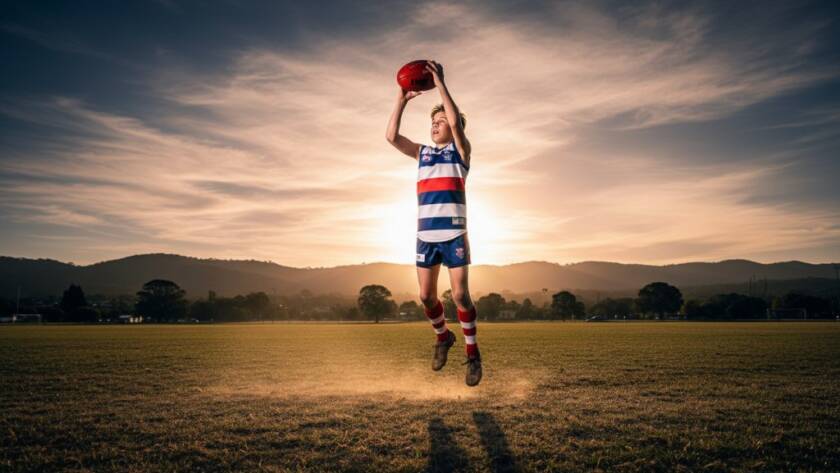 Dramatic wide-angle shot of a young Australian Rules Football player mid-air, having just marked a ball with intensity during an evening game at a local oval in Upper Ferntree Gully, showcasing epic Upper Ferntree Gully youth sports photography.