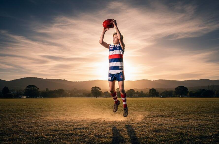 Dramatic wide-angle shot of a young Australian Rules Football player mid-air, having just marked a ball with intensity during an evening game at a local oval in Upper Ferntree Gully, showcasing epic Upper Ferntree Gully youth sports photography.