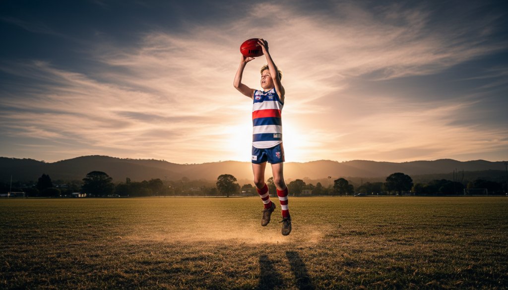 Dramatic wide-angle shot of a young Australian Rules Football player mid-air, having just marked a ball with intensity during an evening game at a local oval in Upper Ferntree Gully, showcasing epic Upper Ferntree Gully youth sports photography.