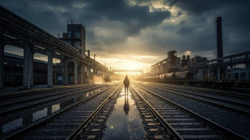 An epic moment captured in a fine art photograph depicting the raw beauty of Tottenham's industrial heritage at dusk. A lone figure stands silhouetted against a dramatic sky, framed by weathered industrial structures, showcasing the essence of urban landscape fine art photography Tottenham industrial heritage.