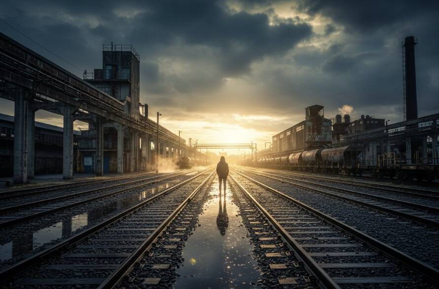 An epic moment captured in a fine art photograph depicting the raw beauty of Tottenham's industrial heritage at dusk. A lone figure stands silhouetted against a dramatic sky, framed by weathered industrial structures, showcasing the essence of urban landscape fine art photography Tottenham industrial heritage.