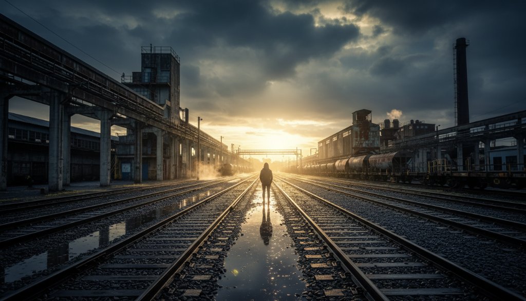 An epic moment captured in a fine art photograph depicting the raw beauty of Tottenham's industrial heritage at dusk. A lone figure stands silhouetted against a dramatic sky, framed by weathered industrial structures, showcasing the essence of urban landscape fine art photography Tottenham industrial heritage.
